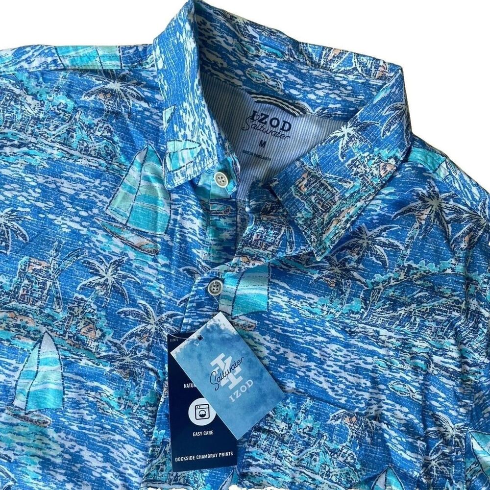 IZOD Saltwater Dockside Men's Medium Chambray Print Short Sleeve Shirt NWT